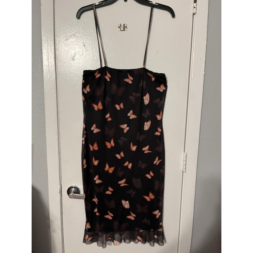 PrettyLittleThing Black Butterfly Mesh Midi Dress Ruffle Hem Size 14 Womens - Picture 7 of 10